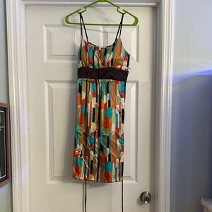 Hot Kiss Multicolor Striped & Geometric Midi Dress with Brown Waistband